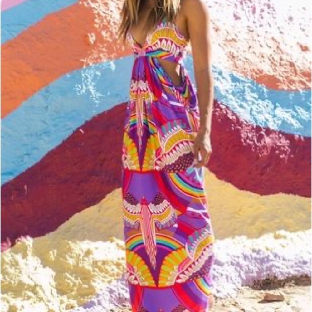 Mara Hoffman Triangle Cut Out Maxi Dress in Rainbow Bird Lilac